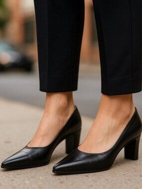 STUART WEITZMAN VINTAGE 80s Black Leather Pumps 8 Square Toe Braided Block Heel